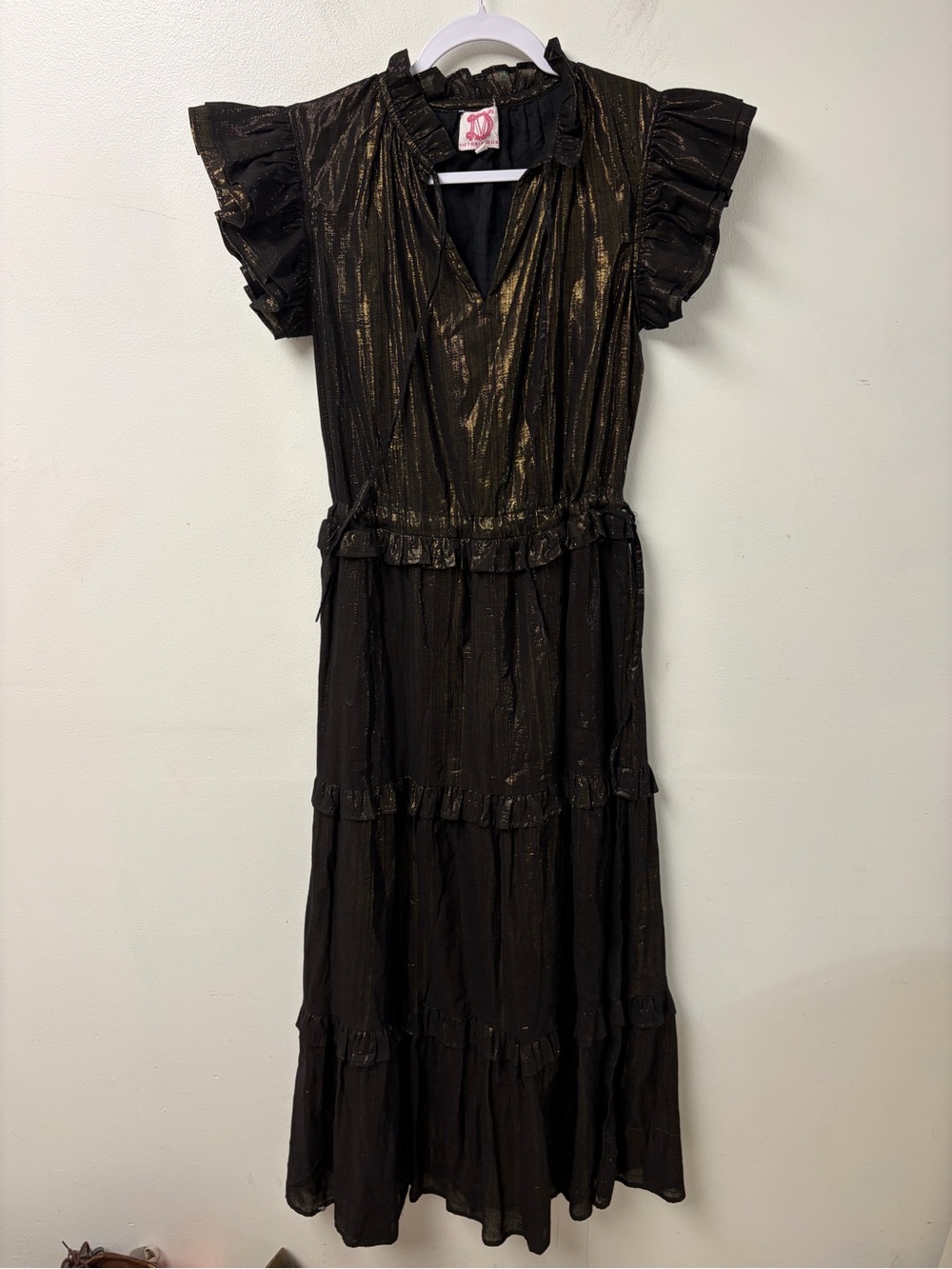 Victoria Dunn Black and Gold Metallic Maxi Dress Size XS